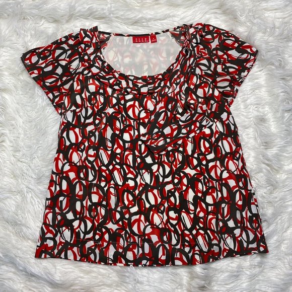 Elle Women's Abstract Print Pleated Neckline Short Sleeve Top Red Black Size S - Picture 1 of 11